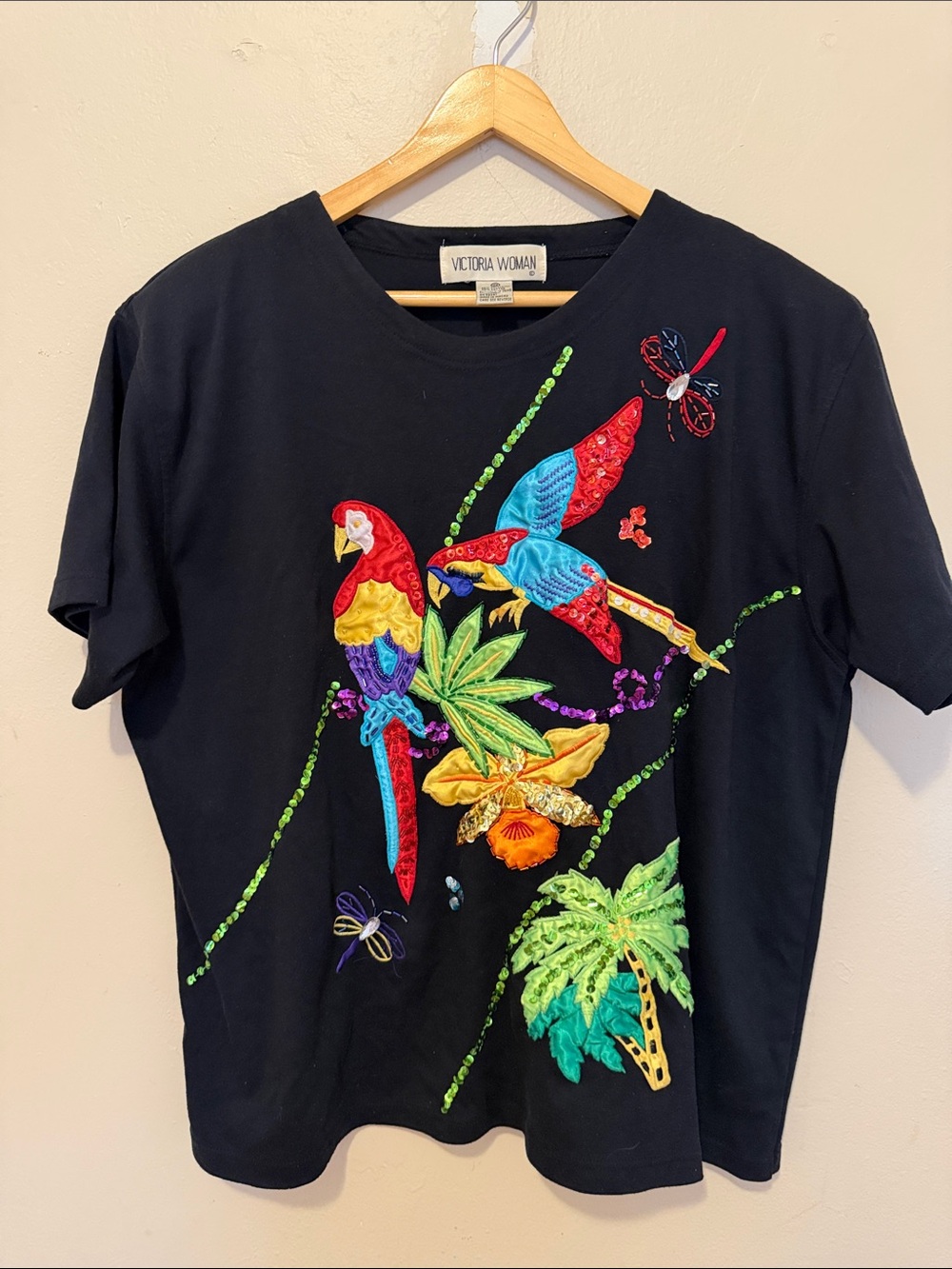 Black Long Sleeve Tee with Colorful Parrot Embroidery